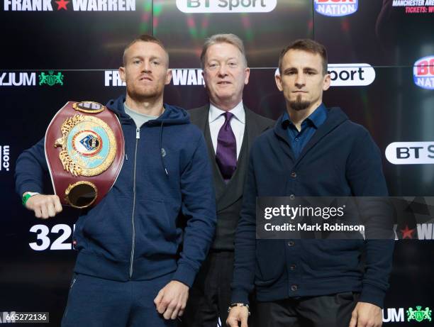 Terry Flanagan and Petr Petrov are seen with promoter Frank Warren after their press conference at the Etihad Campus on April 6, 2017 in Manchester,...