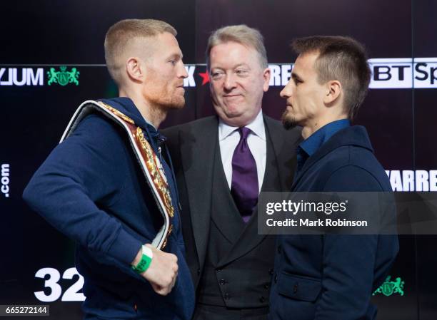 Terry Flanagan and Petr Petrov are seen head to head promoter Frank Warren after their press conference at the Etihad Campus on April 6, 2017 in...