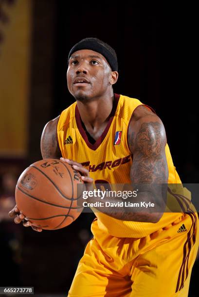 Kay Felder of the Canton Charge drives to the hoop against Pascal Siekam of the Raptors 905 at the Canton Memorial Civic Center on April 5, 2017 in...