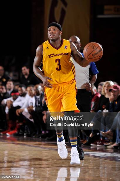 Kay Felder of the Canton Charge dbrings the ball up the court against the Raptors 905 at the Canton Memorial Civic Center on April 5, 2017 in Canton,...