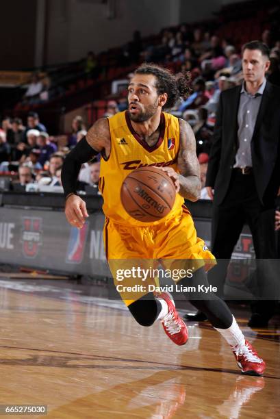 Jordan Crawford of the Canton Charge drives to the hoop against the Raptors 905 at the Canton Memorial Civic Center on April 5, 2017 in Canton, Ohio....