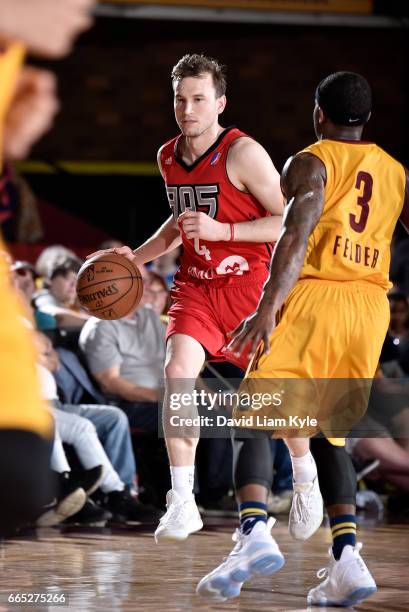 Brady Heslip of the Raptors 905 brings the ball up the court against Kay Felder of the Canton Charge at the Canton Memorial Civic Center on April 5,...