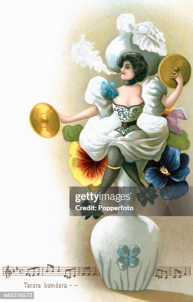 Vintage postcard illustration featuring a follies girl smoking a cigarette, holding two cymbals and perched on a bud vase with the music to "Tarara...