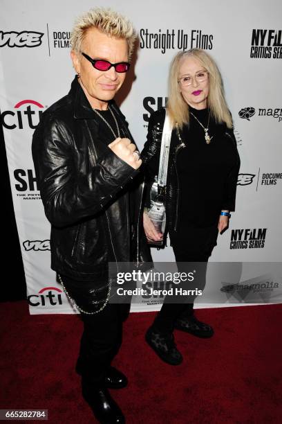 Billy Idol and Penelope Spheeris arrive at the Premiere of 'SHOT! The Psycho-Spiritual Mantra of Rock' at Pacific Theatres at The Grove on April 5,...