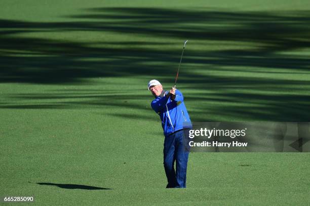 Sandy Lyle of Scotland plays his third shot on the second hole during the first round of the 2017 Masters Tournament at Augusta National Golf Club on...