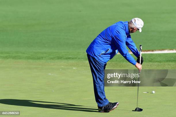 Sandy Lyle of Scotland reacts to his putt on the second green during the first round of the 2017 Masters Tournament at Augusta National Golf Club on...