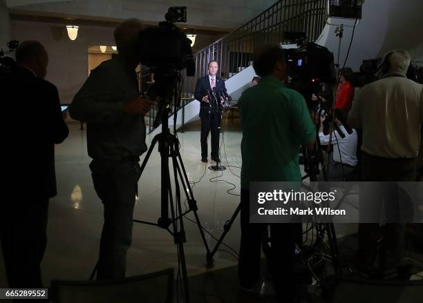 House Intelligence Committee ranking member Rep. Adam Schiff speaks to the media at the U.S. Capitol on April 6, 2017 in Washington, DC. Committee...