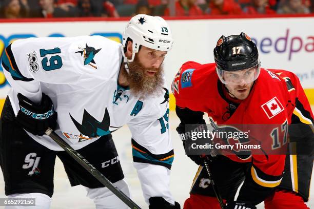 Lance Bouma of the Calgary Flames skates against Joe Thornton of the San Jose Sharks during an NHL game on March 31, 2017 at the Scotiabank...