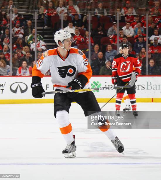 Samuel Morin of the Philadelphia Flyers skates in his first NHL game against the New Jersey Devils at the Prudential Center on April 4, 2017 in...