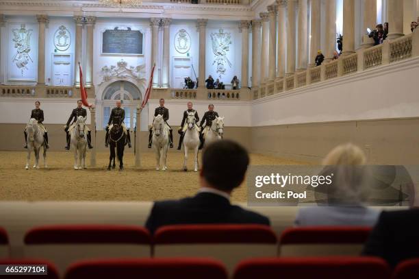 Camilla, Duchess of Cornwall watches a performance during her visit to the Spanish Riding School in Vienna during the second day of her visit to...