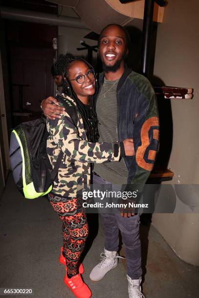 Radio personality Scottie Beam and recording artist CJ Fly attend The Taylor Bennett Show at S.O.B.'s on April 5, 2017 in New York City.