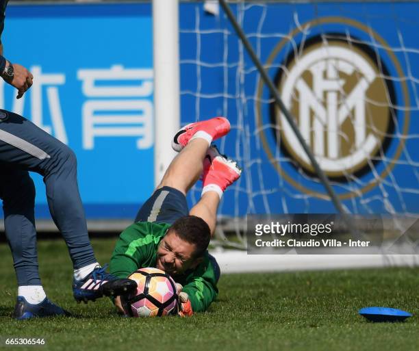 Juan Pablo Carrizo of FC Internazionale in action during FC Internazionale training session at Suning Training Center at Appiano Gentile on April 6,...