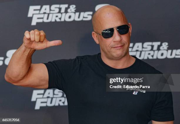Actor Vin Diesel attends the 'Fast & Furious 8' photocall at Villamagna hotel on April 6, 2017 in Madrid, Spain.