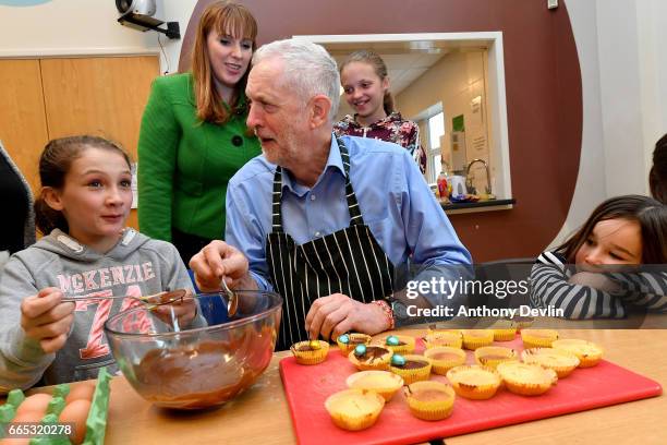 Leader of the Labour Party Jeremy Corbyn MP makes fairy cakes with McKenzie Fitzgerald Shadow Secretary for Education Angela Rayner and Lyra Bylinski...