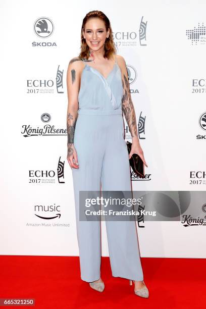 Liza Waschke attends the Echo award red carpet on April 6, 2017 in Berlin, Germany.