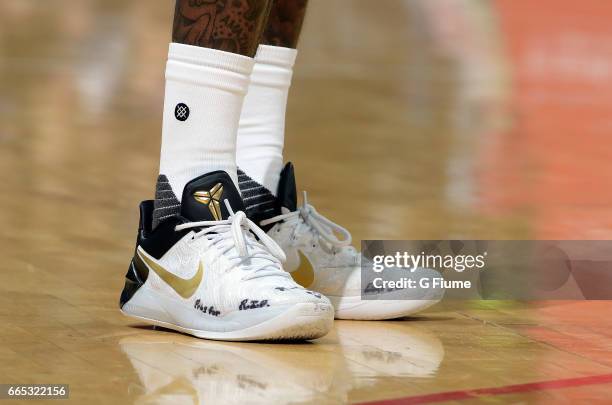 John Wall of the Washington Wizards wears Nike shoes during the game against the Charlotte Hornets at Verizon Center on April 4, 2017 in Washington,...