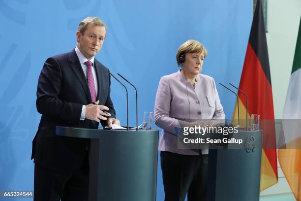German Chancellor Angela Merkel and Irish Prime Minister Enda Kenny speak to the media at the Chancellery on April 6, 2017 in Berlin, Germany. This...