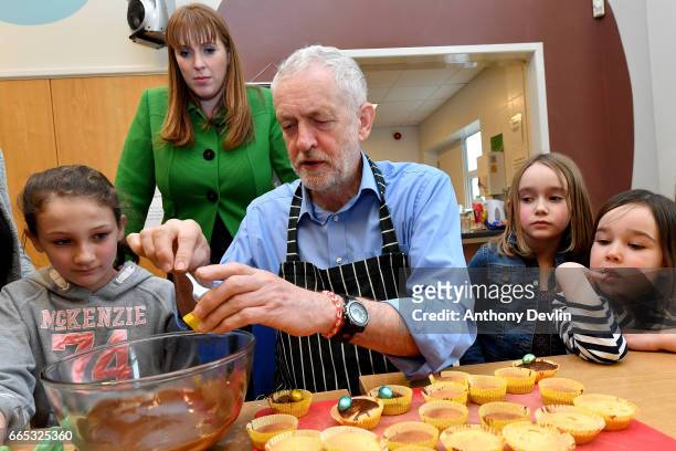 Leader of the Labour Party Jeremy Corbyn MP makes fairy cakes with McKenzie Fitzgerald Shadow Secretary for Education Angela Rayner Zofia...