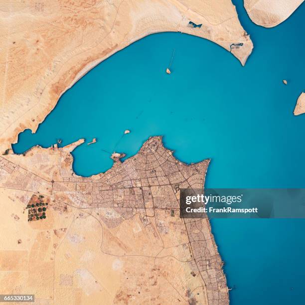 kuwait city 3d render satellite voir carte topographique - kuwait landscape photos et images de collection
