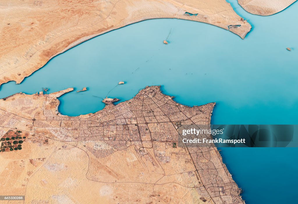 Koeweit 3D Render satelliet weergave topografische kaart horizontaal