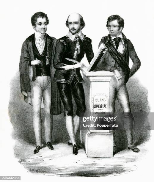 Vintage illustration featuring The Three Poets, left to right: Robert Burns, William Shakespeare and Thomas Moore, circa 1900.