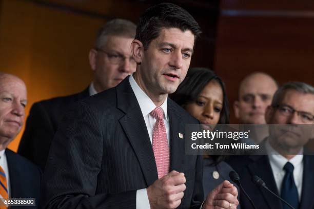 Speaker Paul Ryan, R-Wis., conducts a news conference with members the GOP caucus in the Capitol Visitor Center to announce a new amendment to the...