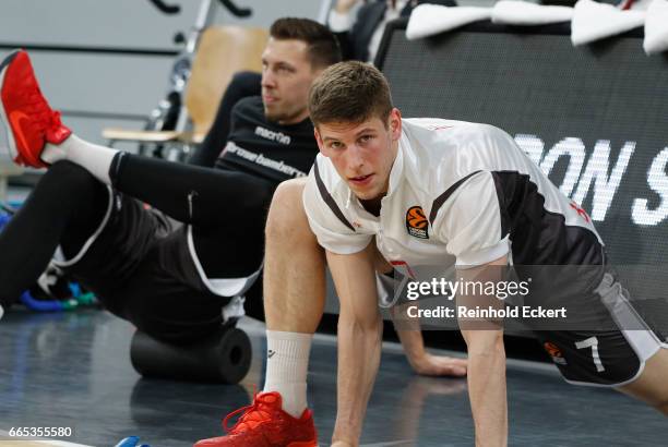 Aleksej Nikolic, #7 of Brose Bamberg warming up before the 2016/2017 Turkish Airlines EuroLeague Regular Season Round 30 game between Brose Bamberg v...