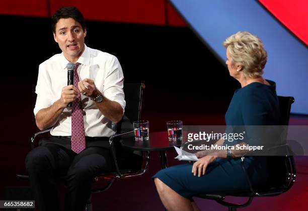 Prime Minister of Canada Justin Trudeau speaks with Tina Brown on stage at the 8th Annual Women In The World Summit at Lincoln Center for the...