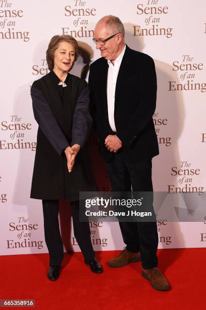 Actress Charlotte Rampling and Actor Jim Broadbent attend "The Sense of an Ending" UK gala screening on April 6, 2017 in London, United Kingdom.