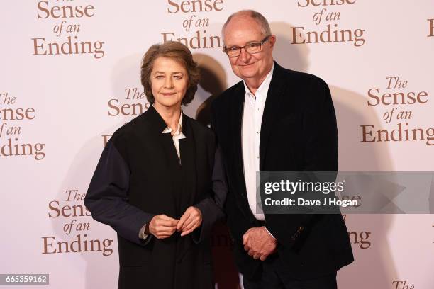 Actress Charlotte Rampling and Actor Jim Broadbent attend "The Sense of an Ending" UK gala screening on April 6, 2017 in London, United Kingdom.