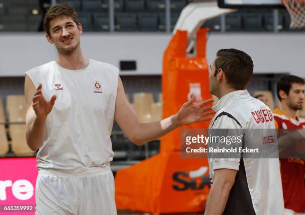 Tibor Pleiss, #21 of Galatasaray Odeabank Istanbul and Fabien Causeur, #1 of Brose Bamberg before the 2016/2017 Turkish Airlines EuroLeague Regular...