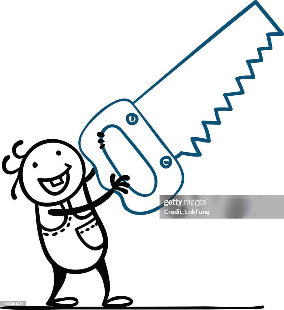 Cartoon man with a big saw