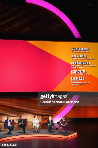 Marc Pritchard, Queen Latifah, Madonna Badger, Fiona Carter, and Katie Couric speak during the Eighth Annual Women In The World Summit at Lincoln...