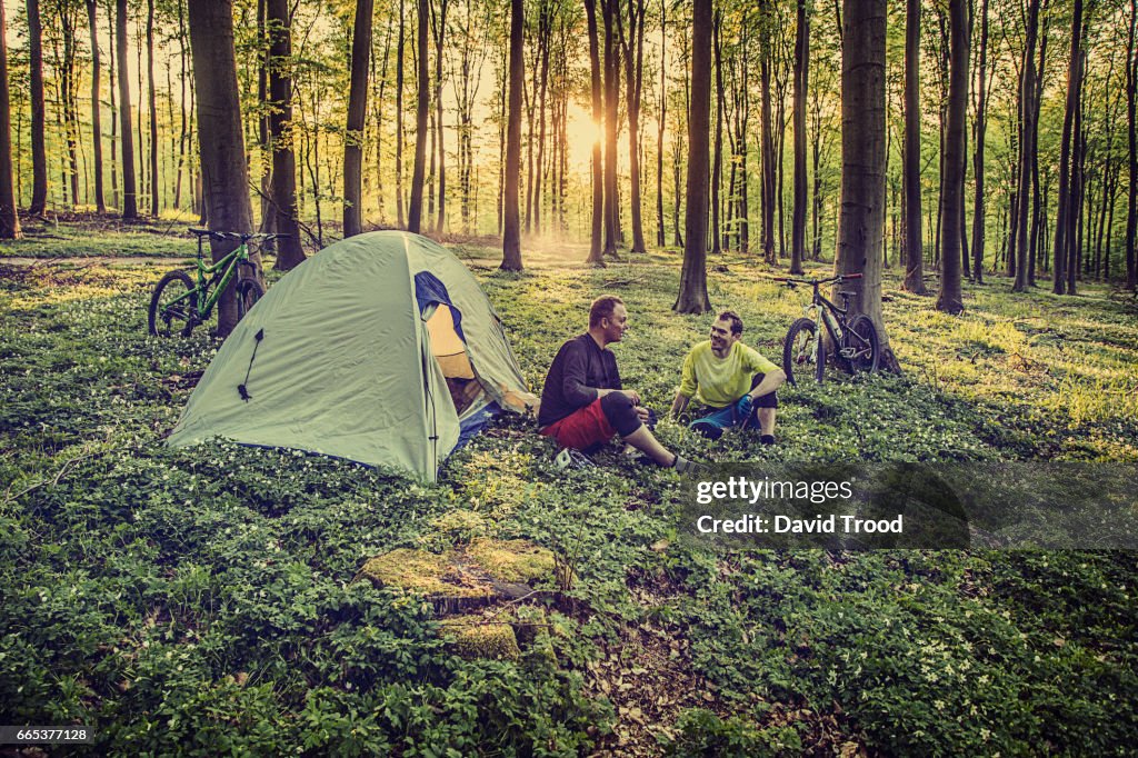 Mountain bikers camping in the forest