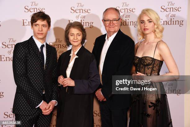 Actors Billy Howle, Charlotte Rampling, Jim Broadbent and Freya Mavor attend "The Sense of an Ending" UK gala screening on April 6, 2017 in London,...