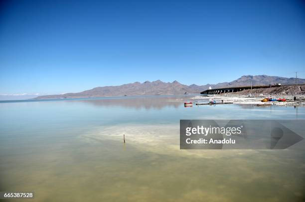 View of Urmia Lake in Tehran, Iran on April 6, 2017. Urmia Lake, was the largest lake in the Middle East and the sixth-largest saltwater lake on...