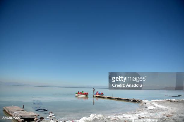 View of Urmia Lake in Urmia, Iran on April 6, 2017. Urmia Lake, was the largest lake in the Middle East and the sixth-largest saltwater lake on Earth...