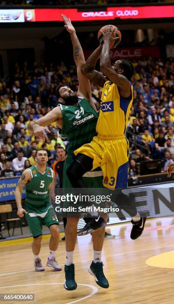 Victor Rudd, #3 of Maccabi Fox Tel Aviv competes with Ioannis Bourousis, #29 of Panathinaikos Superfoods Athens in action during the 2016/2017...