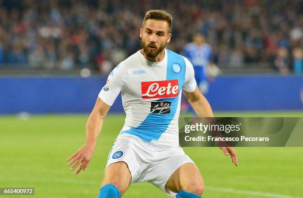 Leonardo Pavoletti of SSC Napoli in action during the TIM Cup match between SSC Napoli and Juventus FC at Stadio San Paolo on April 5, 2017 in...