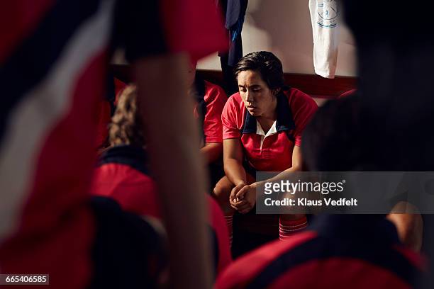female rugby player getting ready before match - rugby sport stock-fotos und bilder