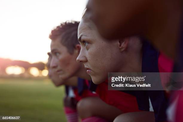 row of female rugby players - rugby sport stock-fotos und bilder