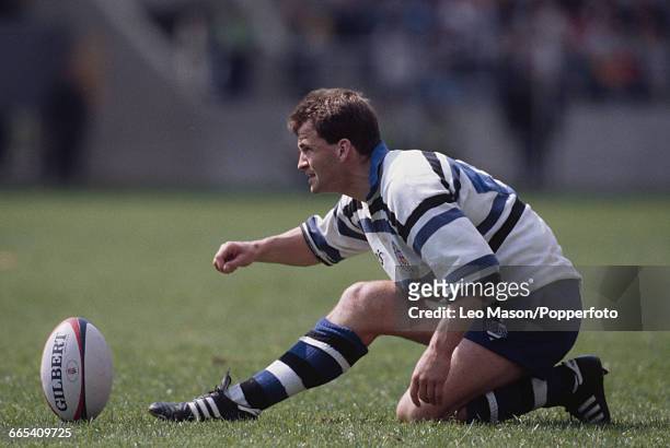 English rugby union player and fullback for Bath, Jon Callard prepares to kick a conversion for goal in the Clash of the Codes rugby union match...