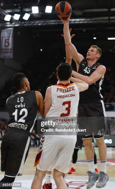 Leon Radosevic, #43 of Brose Bamberg in action during the 2016/2017 Turkish Airlines EuroLeague Regular Season Round 30 game between Brose Bamberg v...