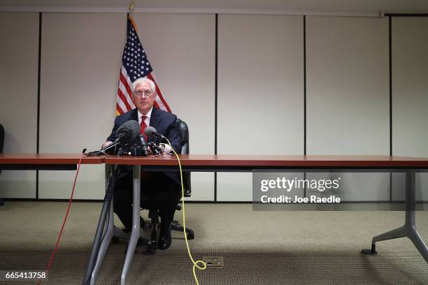 Secretary of State Rex Tillerson speaks with the media after he greeted Chinese President Xi Jinping at Palm Beach International Airport on April 6,...