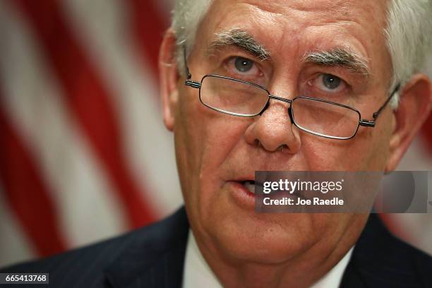Secretary of State Rex Tillerson speaks with the media after he greeted Chinese President Xi Jinping at Palm Beach International Airport on April 6,...