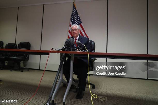 Secretary of State Rex Tillerson speaks with the media after he greeted Chinese President Xi Jinping at Palm Beach International Airport on April 6,...