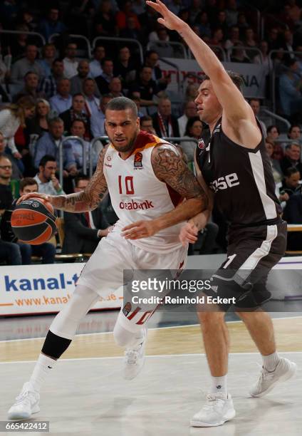 Blake Schilb, #10 of Galatasaray Odeabank Istanbul competes with Fabien Causeur, #1 of Brose Bamberg in action during the 2016/2017 Turkish Airlines...