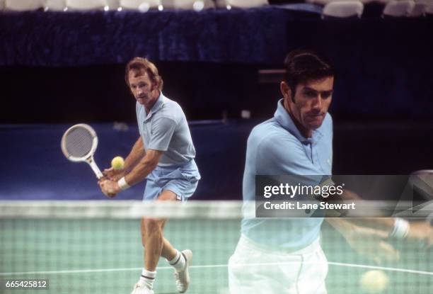 Double exposure of Australia Rod Laver and Ken Rosewall in action during tournament at Moody Coliseum. Dallas, TX 5/14/1972 CREDIT: Lane Stewart