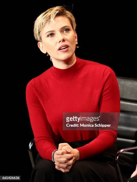 Scarlett Johansson speaks on stage at the 8th Annual Women In The World Summit at Lincoln Center for the Performing Arts on April 6, 2017 in New York...