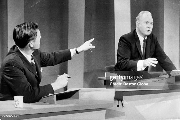 Former Massachusetts Governor Endicott Peabody, left, and Boston Mayor John F. Collins, Democratic candidates for the U.S. Senate, square off during...